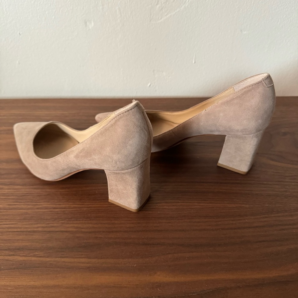 Marc Fisher Block Heel Pointed Toe Pumps in Taupe Suede - Picture 2 of 6